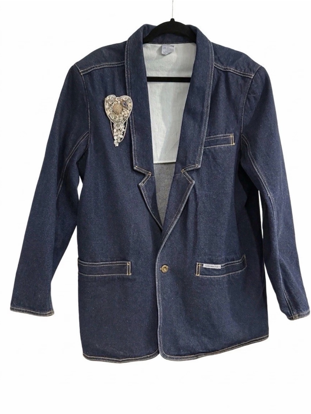 VTG 80s/90s Jordache Denim Blazer Jacket & Artisan Assemblage Heart Brooch Set L